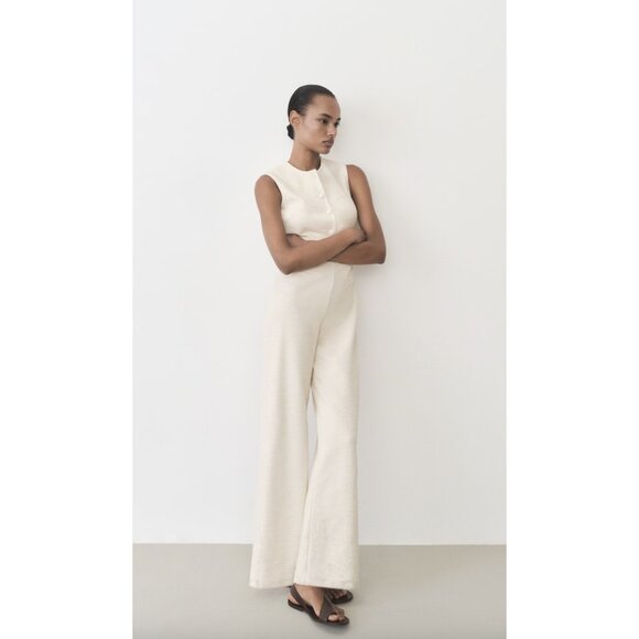 MANGO Sleeveless Tweed Jumpsuit in Cream Size Small - Picture 8 of 9